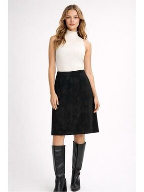 DKNY Black Suede Leather Straight Pencil Knee Length Skirt Lined Size 14